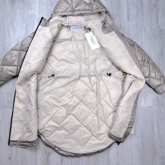 Calvin Klein Women's Petite Quilted Hooded Zip Up Long Coat XS - Picture 4 of 9